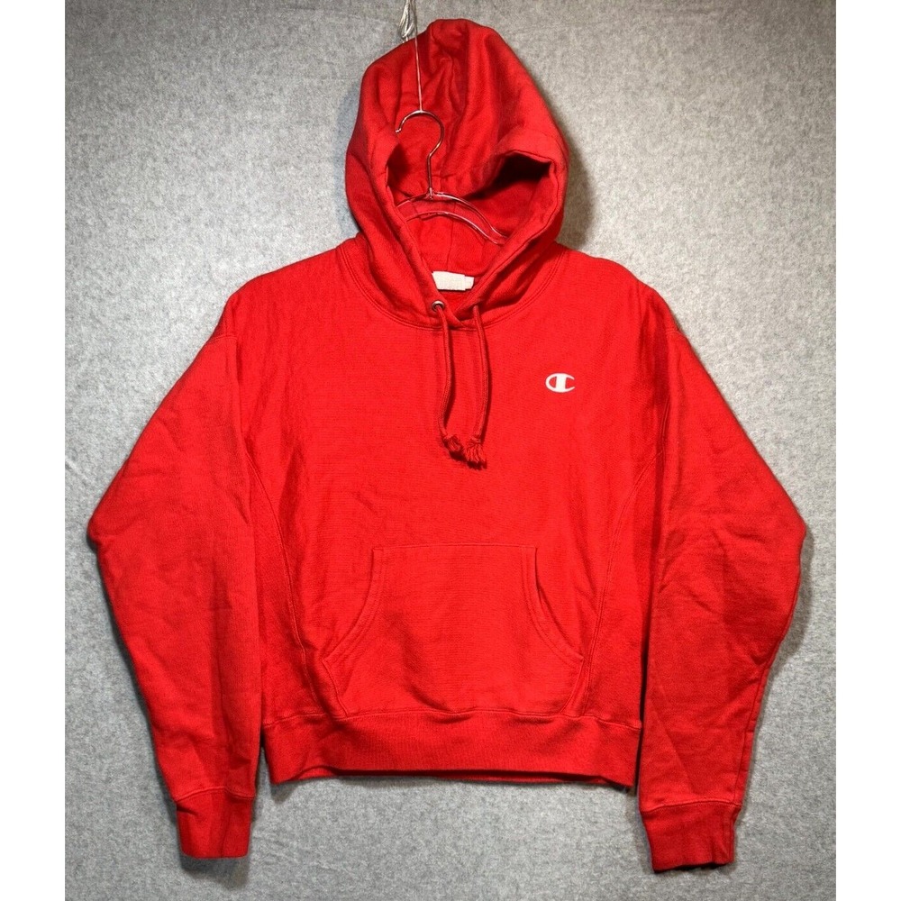 Vintage Champion Hoodie Women's Medium Red Cotton Fleece Lined Logo Pullover
